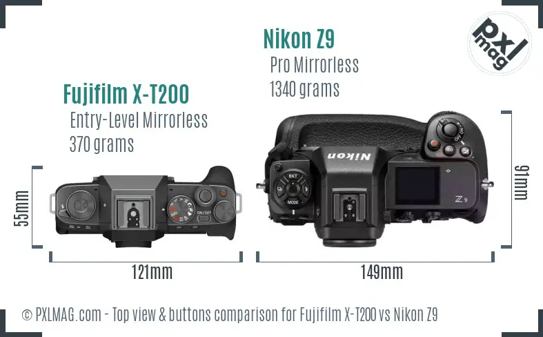 Fujifilm X-T200 vs Nikon Z9 top view buttons comparison