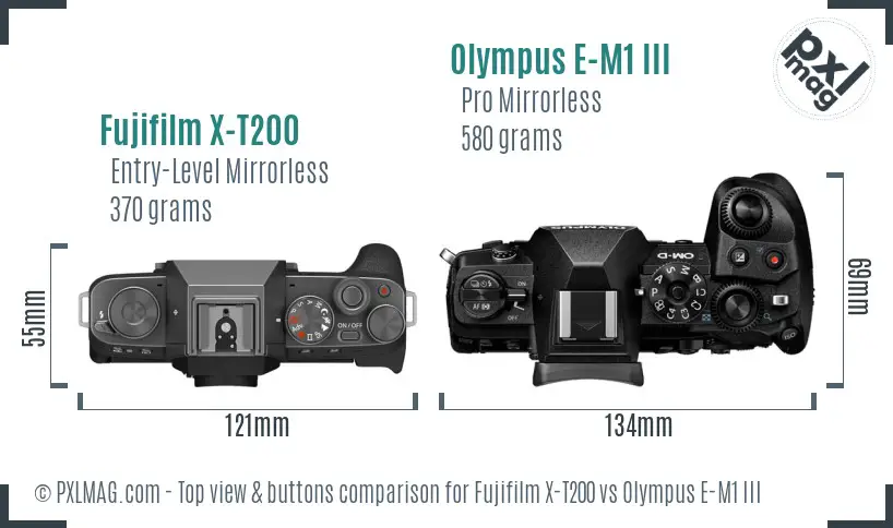 Fujifilm X-T200 vs Olympus E-M1 III top view buttons comparison Fujifilm X-T200 vs Olympus E-M1 III top view buttons comparison