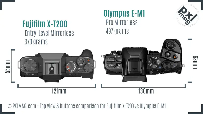 Fujifilm X-T200 vs Olympus E-M1 top view buttons comparison