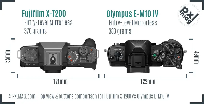 Fujifilm X-T200 vs Olympus E-M10 IV top view buttons comparison