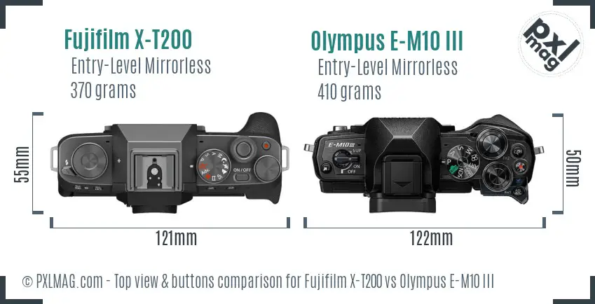 Fujifilm X-T200 vs Olympus E-M10 III top view buttons comparison