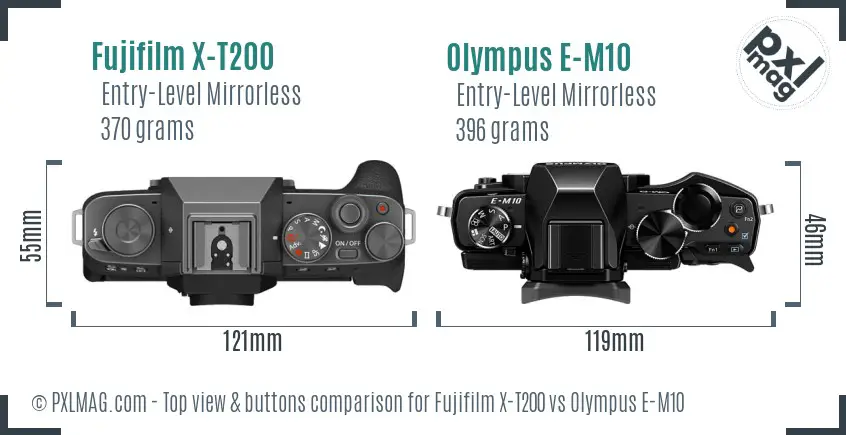 Fujifilm X-T200 vs Olympus E-M10 top view buttons comparison