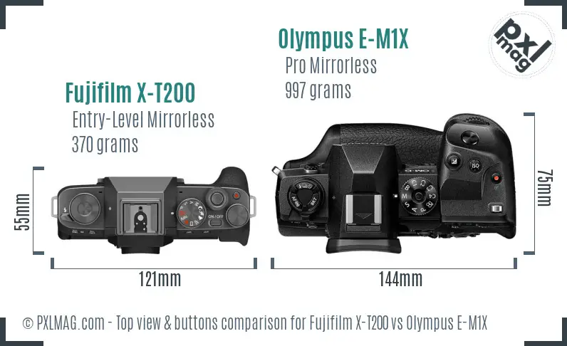 Fujifilm X-T200 vs Olympus E-M1X top view buttons comparison