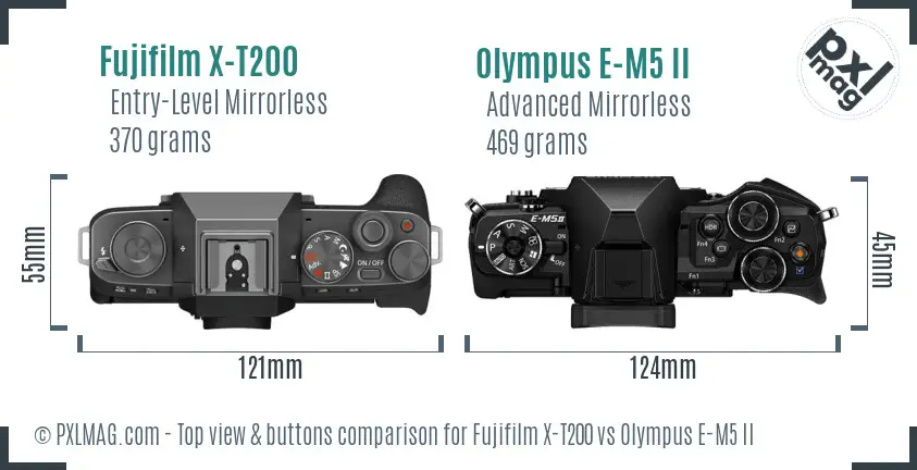 Fujifilm X-T200 vs Olympus E-M5 II top view buttons comparison Fujifilm X-T200 vs Olympus E-M5 II top view buttons comparison