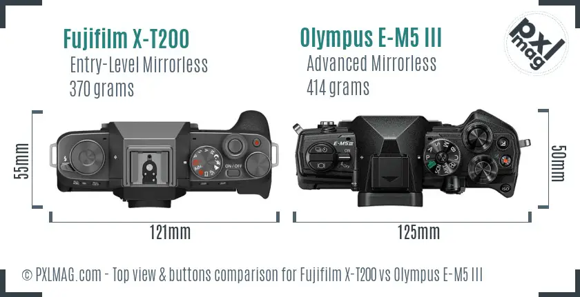 Fujifilm X-T200 vs Olympus E-M5 III top view buttons comparison