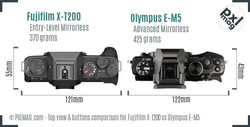 Fujifilm X-T200 vs Olympus E-M5 top view buttons comparison