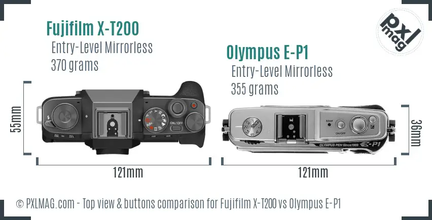 Fujifilm X-T200 vs Olympus E-P1 top view buttons comparison
