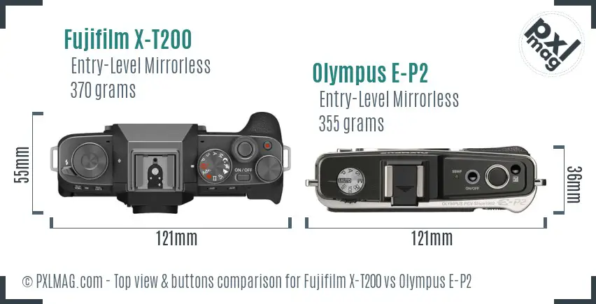 Fujifilm X-T200 vs Olympus E-P2 top view buttons comparison