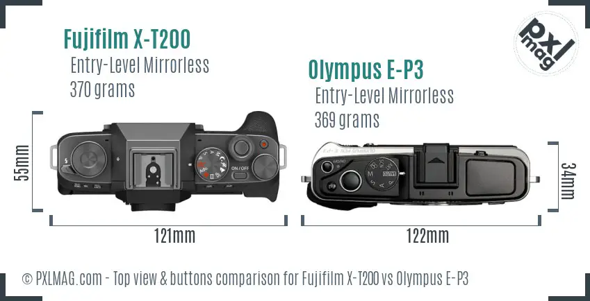 Fujifilm X-T200 vs Olympus E-P3 top view buttons comparison