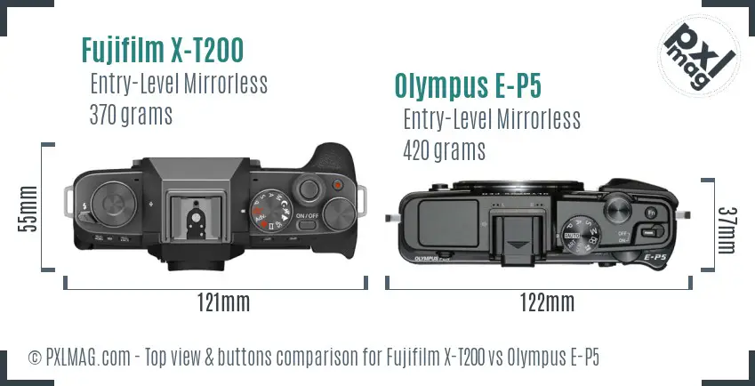 Fujifilm X-T200 vs Olympus E-P5 top view buttons comparison