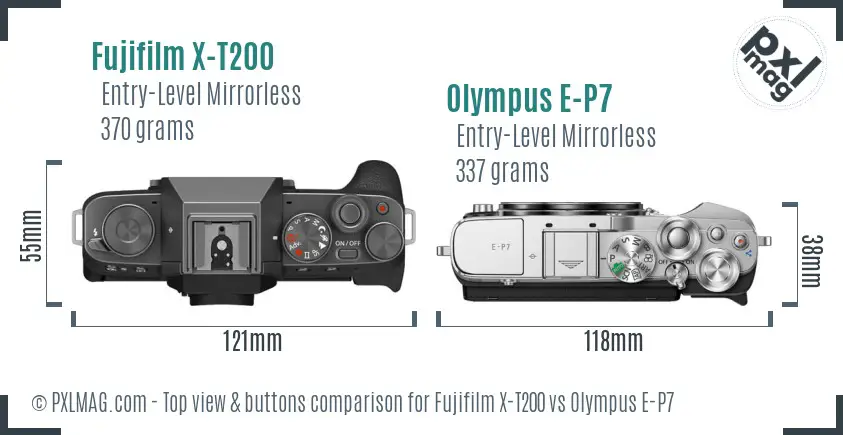 Fujifilm X-T200 vs Olympus E-P7 top view buttons comparison Fujifilm X-T200 vs Olympus E-P7 top view buttons comparison