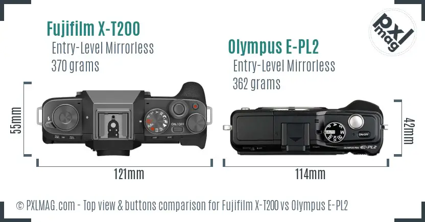 Fujifilm X-T200 vs Olympus E-PL2 top view buttons comparison