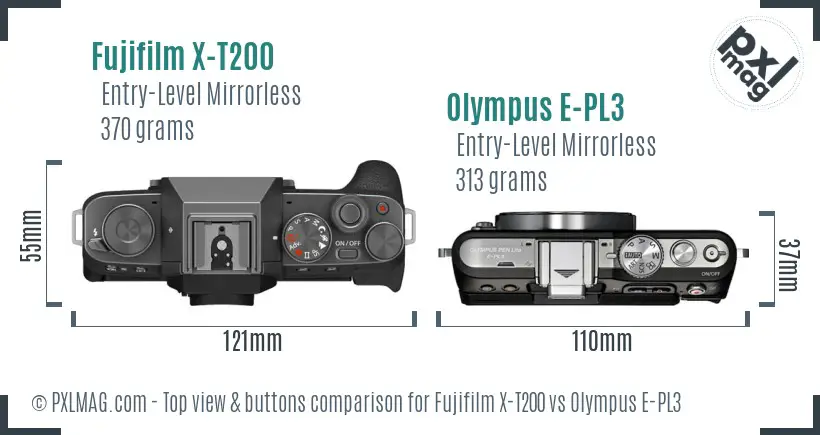 Fujifilm X-T200 vs Olympus E-PL3 top view buttons comparison