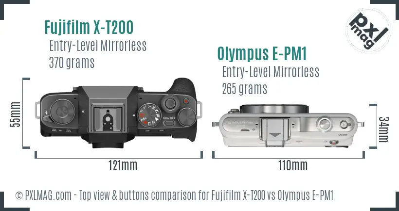 Fujifilm X-T200 vs Olympus E-PM1 top view buttons comparison