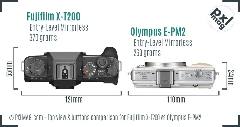 Fujifilm X-T200 vs Olympus E-PM2 top view buttons comparison
