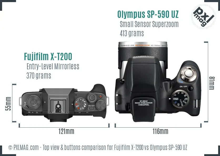 Fujifilm X-T200 vs Olympus SP-590 UZ top view buttons comparison