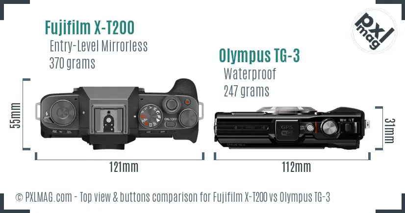 Fujifilm X-T200 vs Olympus TG-3 top view buttons comparison