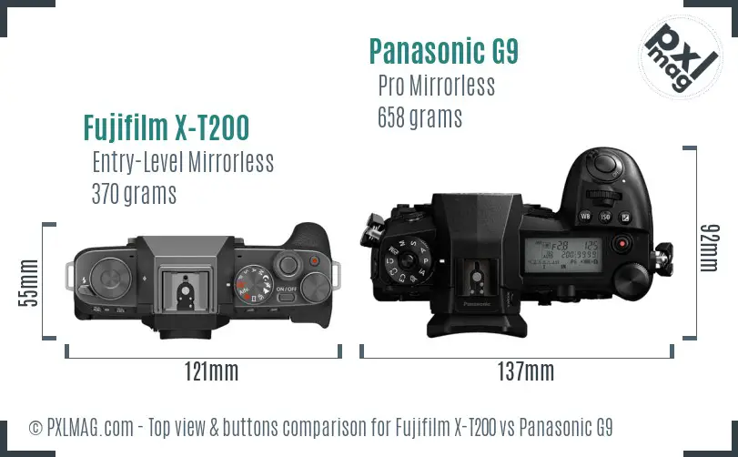 Fujifilm X-T200 vs Panasonic G9 top view buttons comparison