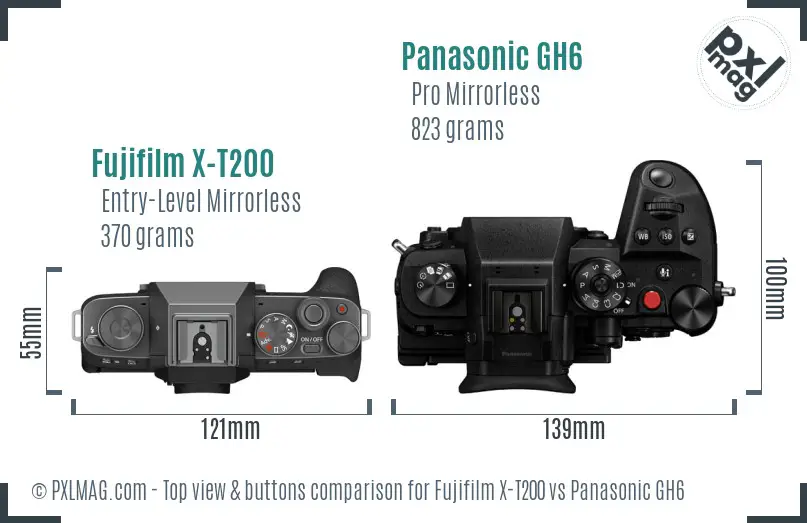 Fujifilm X-T200 vs Panasonic GH6 top view buttons comparison