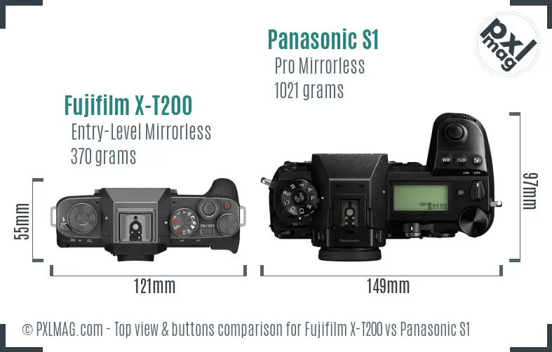 Fujifilm X-T200 vs Panasonic S1 top view buttons comparison