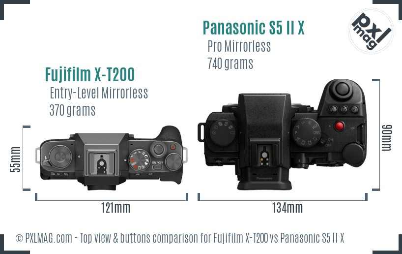 Fujifilm X-T200 vs Panasonic S5 II X top view buttons comparison