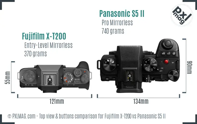 Fujifilm X-T200 vs Panasonic S5 II top view buttons comparison Fujifilm X-T200 vs Panasonic S5 II top view buttons comparison