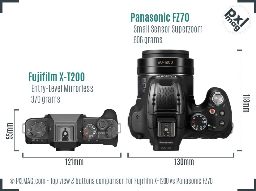 Fujifilm X-T200 vs Panasonic FZ70 top view buttons comparison