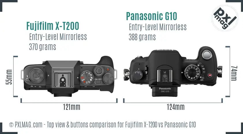 Fujifilm X-T200 vs Panasonic G10 top view buttons comparison