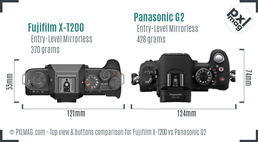 Fujifilm X-T200 vs Panasonic G2 top view buttons comparison