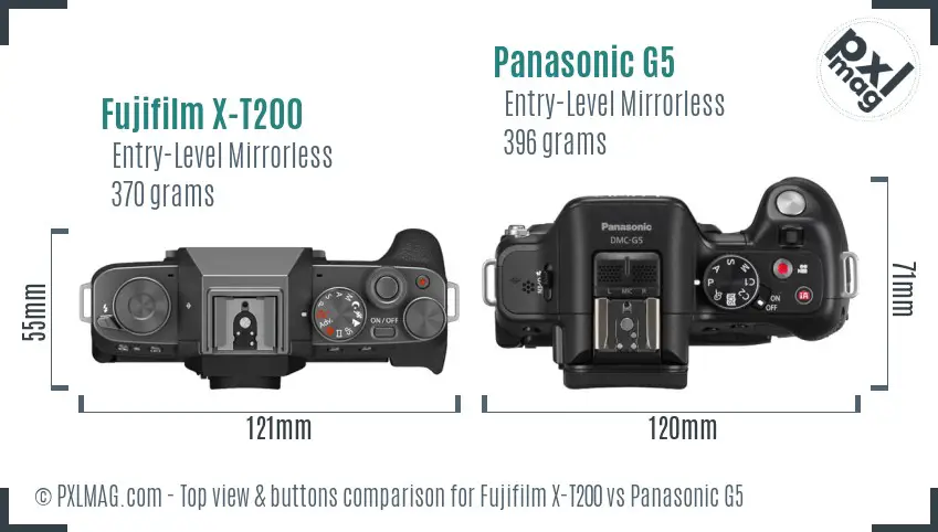 Fujifilm X-T200 vs Panasonic G5 top view buttons comparison