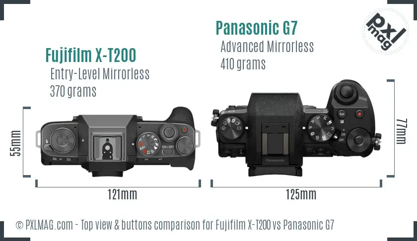 Fujifilm X-T200 vs Panasonic G7 top view buttons comparison