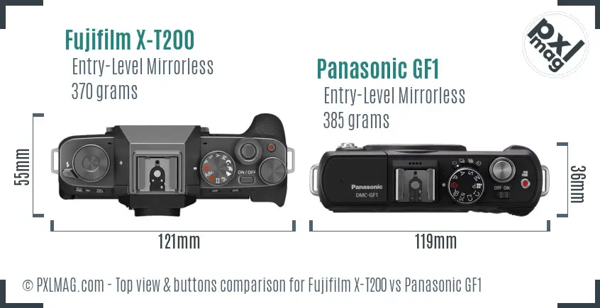 Fujifilm X-T200 vs Panasonic GF1 top view buttons comparison