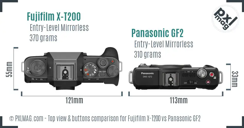 Fujifilm X-T200 vs Panasonic GF2 top view buttons comparison