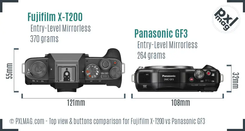 Fujifilm X-T200 vs Panasonic GF3 top view buttons comparison
