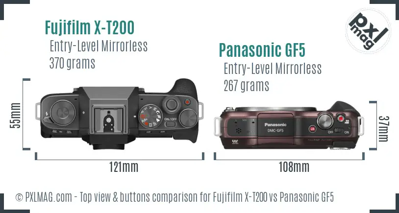 Fujifilm X-T200 vs Panasonic GF5 top view buttons comparison