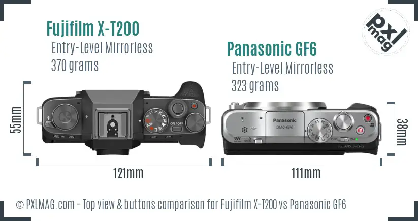 Fujifilm X-T200 vs Panasonic GF6 top view buttons comparison