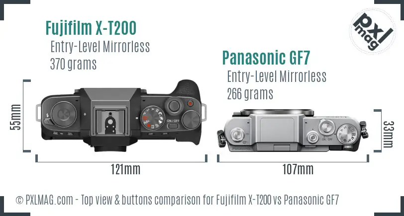 Fujifilm X-T200 vs Panasonic GF7 top view buttons comparison