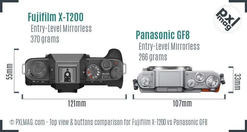 Fujifilm X-T200 vs Panasonic GF8 top view buttons comparison