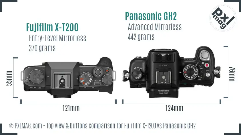 Fujifilm X-T200 vs Panasonic GH2 top view buttons comparison