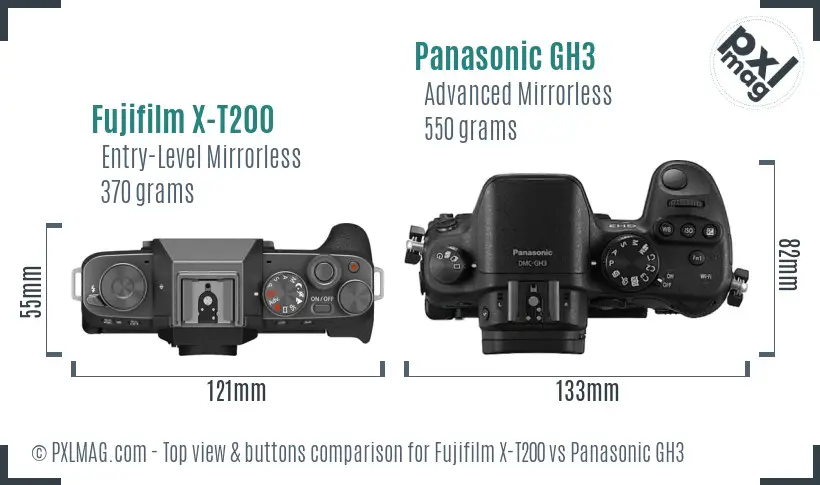 Fujifilm X-T200 vs Panasonic GH3 top view buttons comparison