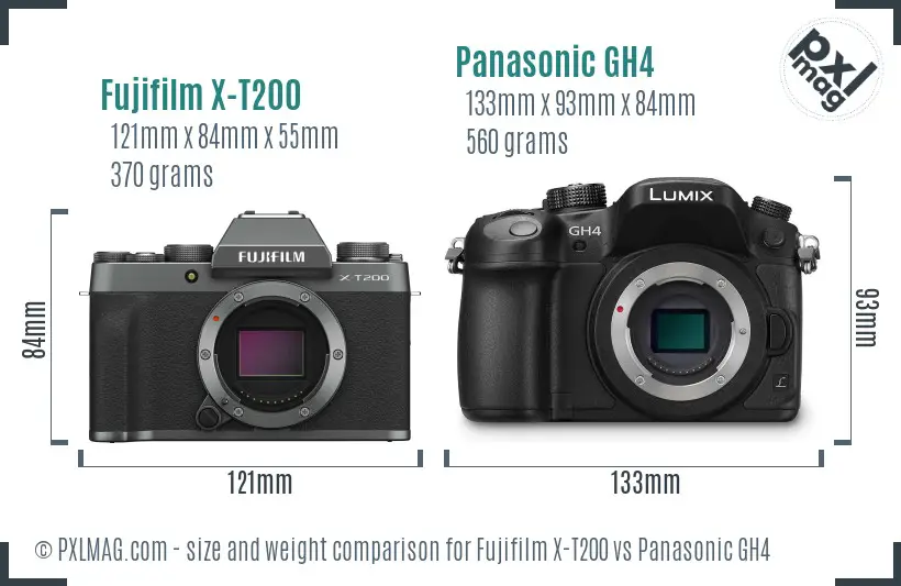 Fujifilm X-T200 vs Panasonic GH4 size comparison