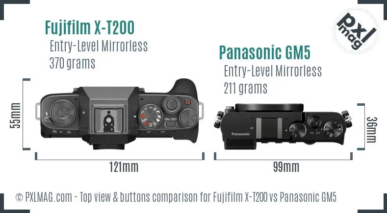 Fujifilm X-T200 vs Panasonic GM5 top view buttons comparison