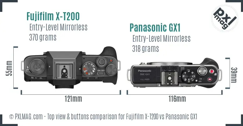 Fujifilm X-T200 vs Panasonic GX1 top view buttons comparison