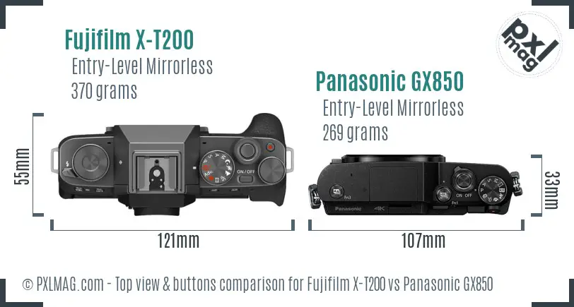 Fujifilm X-T200 vs Panasonic GX850 top view buttons comparison