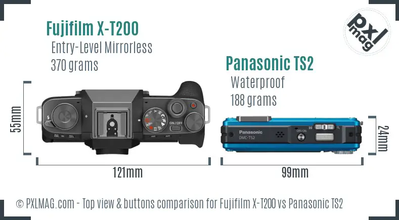 Fujifilm X-T200 vs Panasonic TS2 top view buttons comparison