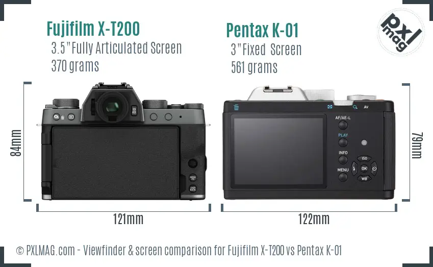 Fujifilm X-T200 vs Pentax K-01 Screen and Viewfinder comparison