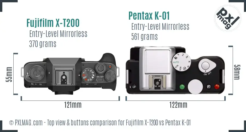 Fujifilm X-T200 vs Pentax K-01 top view buttons comparison