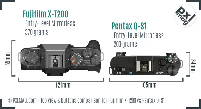 Fujifilm X-T200 vs Pentax Q-S1 top view buttons comparison