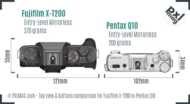 Fujifilm X-T200 vs Pentax Q10 top view buttons comparison