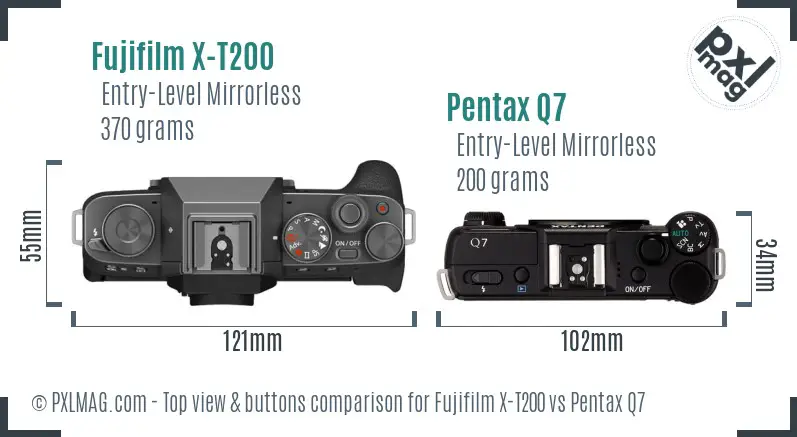 Fujifilm X-T200 vs Pentax Q7 top view buttons comparison